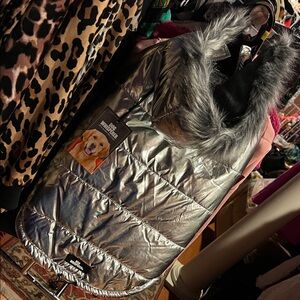 Metallic Silver Dog Winter Coat w/fleece inside- Removable Hood w/Faux Fur Trim